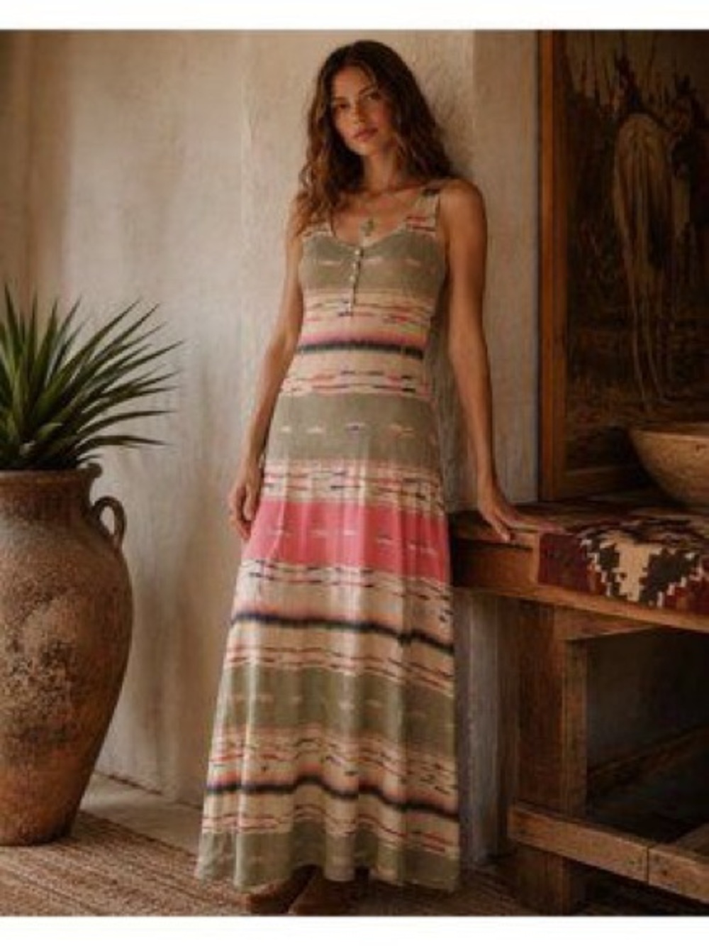 Lauren Ralph Lauren Striped Scoop-Neck Maxi Dress — Olive & Coral Size L - Picture 3 of 7